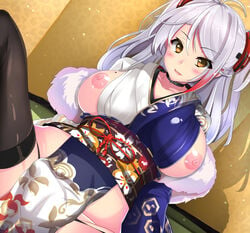 :d antenna_hair arm_support azur_lane bangs black_choker black_legwear blush breasts brown_eyes cameltoe choker collarbone commentary_request eyebrows_visible_through_hair female floral_print fur-trimmed_kimono fur_trim hair_between_eyes hair_ornament hakama indoors iron_cross japanese_clothes kimono knees_up large_breasts lavender_hair leaning_back long_hair looking_at_viewer mole mole_on_breast multicolored_hair nipples obi open_mouth pelvic_curtain prinz_eugen_(azur_lane) prinz_eugen_(profusion_of_flowers)_(azur_lane) sash senra_banshou shiny shiny_skin sideboob silver_hair sitting smile solo spread_legs streaked_hair swept_bangs twintails two_side_up yukata