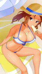 beach beach_towel beach_umbrella big_breasts bikini booty_calls brown_eyes brown_hair dripping dripping_popsicle female female_only hat ice_cream popsicle shannon_(booty_calls) solo swimsuit