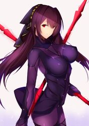 bodysuit fate/grand_order fate_(series) female female_only large_breasts long_hair looking_at_viewer saisarisu scathach_(fate) skin_tight smile solo spear weapon