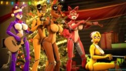 2017 3d acoustic_guitar animatronic anthro avian bear bird bonnie_(fnaf) bow_(stringed_instrument) breasts canine casual chica_(fnaf) chicken christmas closed_eyes dickgirl doctorpurple2000 female five_nights_at_freddy's fox foxy_(fnaf) freddy_(fnaf) frederika_(fnaf) futa_on_female futanari golden_freddy_(fnaf) group guitar hair hat hi_res holidays instrument intersex intersex/female lagomorph machine mammal microphone musical_instrument navel nipples nude open_mouth piano plant playing_guitar playing_music playing_violin rabbit robot santa_hat sex sitting smile standing tree video_games violin