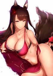 1girls akagi_(azur_lane) akagi_(paradise_amaryllis)_(azur_lane) animal_ears azur_lane bangs big_breasts bikini cleavage clothed cowboy_shot female female_only fox_ears fox_tail front-tie_top large_breasts leaning_forward light-skinned_female light_skin long_hair looking_at_viewer saisarisu sakura_empire_(azur_lane) smile solo swimsuit