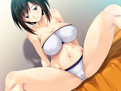 :3 bed blue_eyes breasts female game_cg large_breasts looking_at_viewer mama-haha milf navel shinonome_kazuhiko spread_legs tagme