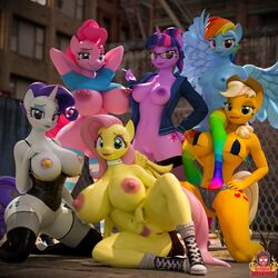 1:1 2019 3d 3d_(artwork) anthro applejack_(mlp) areola breasts cigarette clothing cutie_mark equid equine eyelashes eyeshadow feathered_wings feathers female fluttershy_(mlp) footwear forsaken_(artist) friendship_is_magic group hi_res horn legwear looking_at_viewer makeup mammal mane_six_(mlp) my_little_pony navel nipple_piercing nipples pattern_clothing pattern_legwear piercing pinkie_pie_(mlp) pterippus pubes pussy rainbow_dash_(mlp) rarity_(mlp) smile striped_clothing striped_legwear stripes twilight_sparkle_(mlp) unicorn wings