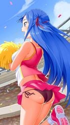 blue_eyes blue_hair booty_calls cheering cheerleader cheerleader_uniform confetti dancing female female_only game lara_(booty_calls) solo sweat tagme upskirt very_long_hair