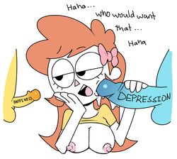 1girls balls breasts cum cum_on_face depression_(personification) dialogue facial female funny genderswap hair_ribbon handjob happiness_(personification) humor miscon owlturd penis penis_on_face rule_63 shen_(shencomix) shencomix small_penis small_penis_humiliation solo_focus testicles