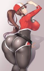 1girls ass belt big_ass big_breasts blue_eyes breasts brown_hair cleavage clothed eyelashes female female_only female_protagonist_(pokemon_go) gloves hat huge_ass human kneeling large_breasts leggings long_hair looking_at_viewer looking_back nagase_haruhito nintendo pokemon pokemon_go ponytail shadow shirt shorts smell solo