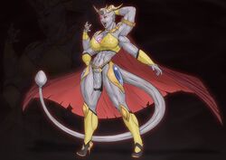 4_arms abs accella_(7starsoul) arm_behind_head bald breasts cape cleavage demon demon_girl fangs female grey_skin high_heels horn horns killermoon large_breasts looking_at_viewer monster_girl multi_arm multi_limb muscles muscular_female navel piercing pointy_ears red_eyes solo thighs