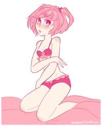 artist_name blush blushing doki_doki_literature_club embarrassed female_only fingernails flat_chested nail_polish natsuki_(doki_doki_literature_club) pink_bra pink_eyes pink_hair pink_lingerie pink_lips pink_nails pink_underwear small_breasts sniggysmut tumblr_username white_background