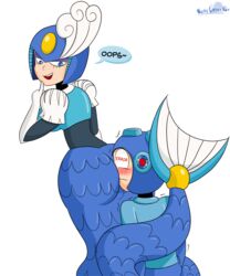 armor ass big_ass blue_eyes blush capcom clothed clothes face_in_ass female fish_tail gloves helmet highres makeup male mega_man mega_man(classic) mega_man_(character) mermaid neosgrossart open_mouth robot robot_girl signature simple_background smothering speech_bubble splash_woman straight text transparent_background