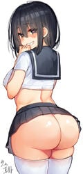 1girls ass back_view bangs black_hair black_skirt blush breasts bubble_butt dat_ass female female_only hair_between_eyes hand_to_mouth hand_to_own_mouth heart heart-shaped_pupils huge_ass huge_breasts human kawakami_masaki large_breasts legwear long_hair looking_at_viewer looking_back miniskirt pleated_skirt school_uniform shiny_skin short_hair short_skirt sideboob simple_background skirt smile solo thigh_highs thighhighs underboob white_background white_legwear