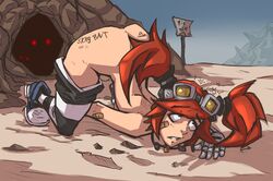 1girls ass bandage bandage_on_face body_writing borderlands borderlands_2 desert face_down_ass_up gaige_(borderlands) glowing_eyes goggles goggles_on_head imminent_rape looking_at_pussy metal_arm necklace prone red_eyes red_glow red_hair reliusmax sign sneakers thighhighs top-down_bottom-up twintails