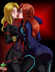 7th-heaven ass avengers avengers_assemble black_widow_(marvel) blonde_hair blue_eyes blush bodysuit breast_grab female female_only french_kiss french_kissing green_eyes human kissing light-skinned_female light_skin long_hair looking_pleasured marvel marvel_comics natasha_romanoff red_hair tongue tongue_out yelena_belova yuri