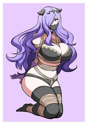 1girls arm_gloves arms_behind_back bdsm bedroom_eyes between_breasts black_bra black_choker black_lingerie black_panties black_thighhighs black_tiara blush bondage bound bound_ankles bound_arms bound_legs bra breast_bondage breasts camilla_(fire_emblem) choker cleavage cloth_gag crotch_rope curvy deep_cleavage elbow_gloves fake_horns female female_only femsub fire_emblem fire_emblem_fates full_body gag gagged gloves hair_over_one_eye highres horns jam-orbital large_breasts leggings legs_together lingerie long_hair looking_at_viewer navel nintendo one_eye_covered panties pink_eyes purple_background purple_hair red_eyes restrained rope rope_between_breasts rope_bondage shibari skindentation solo stockings strapless strapless_bra thick_thighs thighhighs thighs underwear unworn_armor very_long_hair wavy_hair