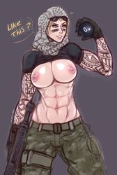 1girls abs biceps blonde_hair breasts caco-bro erect_nipples female large_breasts large_nipples muscular_female nipple_piercing nipples pale_skin perky_breasts pose puffy_areola rainbow_six rainbow_six_siege rifle solo sweat tattoos tom_clancy valkyrie_(rainbow_six) weapon