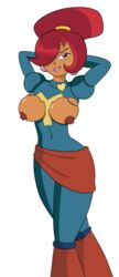 2018 alpha_channel archie_comics areolae breasts clothed clothes dark-skinned_female earrings hands_behind_head huge_breasts lipstick madame_y makeup mega_man navel neosgrossart nipples red_eyes red_hair smirk standing teeth torn_clothes transparent_background