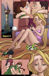 1girls barefoot biting_lip blonde_hair clothing comic disney doll feet female female_only full_body green_eyes human lingerie long_hair medium_breasts negligee panties playing r_ex rapunzel sitting solo strap_slip tangled toes toy very_long_hair