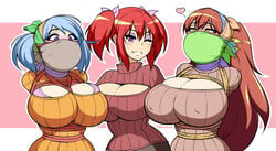 3girls arms_behind_back blue_hair blush bondage bound cloth_gag female femdom femsub gagged happy_sub heart jam-orbital keyhole_turtleneck large_breasts leggings lezdom looking_at_viewer multiple_girls multiple_subs orgasm_face over_the_nose_gag red_hair rope sweater wink yuri