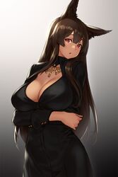 animal_ears anubis_(houtengeki) bangs black_dress breasts brown_hair cleavage crossed_arms dark-skinned_female dark_skin dress egyptian female fully_clothed gradient gradient_background high_resolution houtengeki jewelry large_breasts long_hair long_sleeves looking_at_viewer open_mouth original red_eyes simple_background solo upper_body