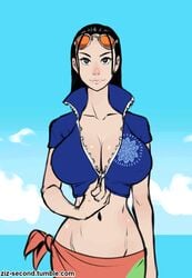 animated areolae big_breasts breast_squeeze commission female female_only izra nico_robin one_piece sarong sunglasses