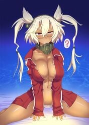 ? blonde_hair blush breasts collar dark-skinned_female dark_skin female headgear hood hoodie kantai_collection kneeling large_breasts long_hair megane musashi_(kantai_collection) navel neriwasabi no_bra open_clothes open_hoodie pantsu pointy_hair red_eyes semi-rimless_eyewear semi-rimless_glasses shiny shiny_skin short_hair_with_long_locks sitting solo tied_hair twintails underwear wariza wasabinouen white_panties white_underwear