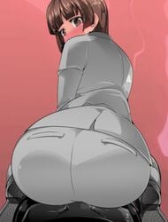 animated ass big_ass blush brown_eyes brown_hair buttjob clothed female formal from_behind game_cg grinding looking_at_viewer looking_back naughty_face office_lady pants pov rubbing short_hair sitting smash_boy suit zinger_(excess_m)