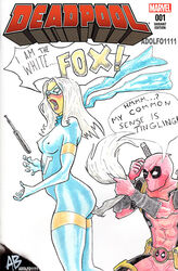 ami_han anal_tail blush bodysuit deadpool elbow_gloves erect_nipples female fox_tail kumiho marvel marvel_comics sex_toy small_breasts tail_bondage tail_grab thighhighs wade_wilson white_fox_(marvel) white_hair