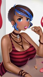 1girls big_breasts black_hair blue_eyes blue_hair blush booty_calls candy choker clothed colored_hair dark-skinned_female eating female female_only fully_clothed jessy_(booty_calls) lollipop necklace necklace_between_breasts nipples_visible_through_clothing shaved_side solo