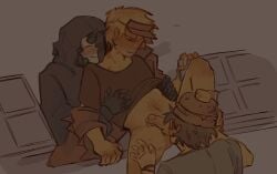 007n7_(forsaken) blush elliot_(forsaken) forsaken_(roblox) getting_erect male/male/male noli_(forsaken) trio