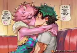 1boy 1girls ai_generated amadeus_v arms_around_neck ashido_mina black_sclera blush boku_no_hero_academia breasts cleavage clothed clothing colored_sclera colored_skin couch dialogue duo english_text female fingers freckles furniture green_eyes green_hair hair half-closed_eyes heart horn horns hug indoors inside izuku_midoriya kissing large_breasts looking_at_another male male/female messy_hair midoriya_izuku mina_ashido my_hero_academia narrowed_eyes patreon_username pink_body pink_hair pink_skin romantic scar shirt short_hair sofa speech_bubble straight tagme text topwear vest yellow_eyes yellow_sclera