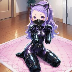 ai_generated benmccannon_(artist) bitchsuit bodysuit braid braided_hair fake_animal_ears fake_paws folded_arms folded_legs kneeling latex_bodysuit latex_clothing long_hair otn_gag over_the_nose_gag ponytail purple_bodysuit purple_eyes purple_hair rug stable_diffusion wooden_floor
