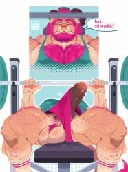 2026 anthro balls barazoku barbell beard bench big_balls big_muscles big_penis blue_background bodily_fluids body_hair border bottomwear chest_hair claws clothed clothing cutaway dialogue english_text erection erection_under_clothing exercise eyebrows facial_hair felid flying_sweatdrops footwear foreskin fur genitals ginkko glans hair hi_res horn hotpants huge_balls huge_muscles huge_penis humanoid_genitalia humanoid_penis ineffective_clothing knee_highs knee_socks leg_hair legwear lion looking_down lying male mammal mane manly muscular muscular_anthro muscular_male no_underwear on_back pantherine pecs penis penis_poking_out profanity pubes quads saggy_balls sexercise shirt shorts simple_background socks solo sweat sweatdrop tank_top text thick_penis thick_thighs topwear tuft uneven_balls vein wardrobe_malfunction watermark weight_bench weightlifting weights white_border workout