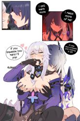 2girls acheron_(honkai:_star_rail) bite_mark biting biting_finger black_swan_(honkai:_star_rail) breasts clothed clothing dialogue fondling fondling_breast holding_breast honkai:_star_rail implied_masturbation masturbation saliva_string sitting tagme yuri zanqi