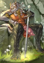 2026 abs animal_genitalia animal_penis anthro balls biceps big_muscles big_penis braided_hair brown_markings chained_collar chains cheek_tuft collar collar_only colored digital_drawing_(artwork) digital_media_(artwork) erection facial_tuft felid feline_genitalia feline_penis flower fur genitals gold_(metal) gold_chain gold_collar golden_claws golden_fangs grass hair hi_res holding_melee_weapon holding_object holding_sword holding_weapon horn huge_muscles hybrid lion looking_at_viewer male mammal markings melee_weapon metal_collar multicolored_hair muscular nude on_rock one_eye_closed orange_hair outside pantherine pawpads pecs penis pink_nose pink_pawpads pink_penis plant red_body red_fur rock sadmishutka_(artist) shaded sitting sitting_on_rock smug solo sword tail teeth tuft two_tone_hair vein veiny_penis weapon white_body white_fur white_hair yellow_eyes yellow_horn