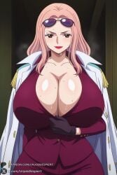 1female 1girls 2026 ai_generated artist_name big_ass big_breasts black_gloves breasts brown_eyes cleavage collarbone curvy epaulettes eyewear_on_head female female_only formal gloves hi_res high_quality high_resolution highres hina_(one_piece) huge_ass huge_breasts jacket jacket_on_shoulders lipstick long_hair long_sleeves looking_at_viewer makeup one_piece patreon patreon_username pink_hair red_lips skirt smile solo suit sunglasses sweat unjobdespiert watermark