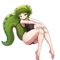 1girls 2d big_tail bottom_heavy crocodile_girl crocodile_tail cute cute_face devious devious_grin devious_smile female green_eyes green_hair grin hair_ribbon hi_res huge_tail jadf large_tail legs_together medium_breasts medium_hair nitya_nil one-piece_swimsuit phase_connect phase_saga pointy_ears pointy_teeth pose posing sharp_teeth sitting smile smiling solo swimsuit tail thick_thighs thighs transparent_background twintails virtual_youtuber wide_hips