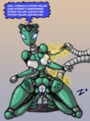 anal anal_sex anthro blue_eyes breasts female forced kneeling leaking machine penetration pussy rape robot simple_background solo tentacle tentacle_rape text zevex