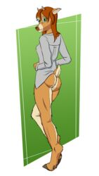 abstract_background anthro arvaus ass bottomless cervine deer female female female_only fur furry hooves looking_at_viewer pinup posing presenting presenting_hindquarters shirt solo tail