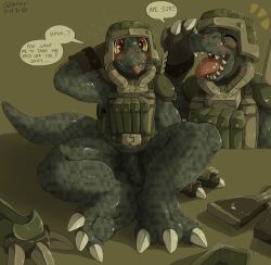 balls bandai_namco blush blush_lines bodily_fluids claws clothing commandramon dialogue digimon digimon_(species) drooling flaccid foreskin genitals gesture male military_clothing military_helmet open_mouth penis qrnrr saliva salute sharp_teeth simple_background sitting sketch_page solo speech_bubble talking_to_viewer teeth tongue tongue_out undressing