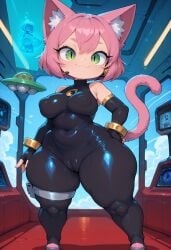 :3 ai_generated bare_shoulders big_butt black_bodysuit breasts cameltoe cat_ears cat_tail catgirl covered_nipples female female_focus fingerless_gloves geen_eyes gold_bangle high_collar hologram human noodle_jacuzzi not_furry pink_tail pussy_outline sci-fi short_pink_hair shortstack skin_tight slit_pupils space_ship spaceship_interior technology thick_thighs tight_clothes ufo wide_hips
