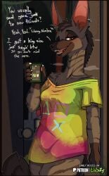 aardwolf absurd_res anthro bedroom_eyes brown_body brown_fur cellphone clothing dialogue dick_pic doorway ear_piercing ear_ring electronics elin_(psychorodent) english_text erection female female_focus fur genitals goat_(movie) green_penis hannah_(goat) hi_res holding_cellphone holding_object holding_phone holding_smartphone hyena inviting long_neck male mammal narrowed_eyes penis phone piercing ring_piercing seductive sharp_teeth shirt smartphone snatyr solo_focus spiritelin standing_in_doorway stripped_hyena t-shirt teeth text topwear