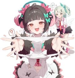 2girls ? absurd_res angels_of_delusion blush bratty chinatsu_remiel clothed_female highres hoyoverse inviting looking_at_viewer mawe mihoyo nangong_yu_(zenless_zone_zero) panties panties_in_hand panties_removed pussy_juice pussy_juice_on_panties rokudo_sariel showing_panties side_ponytail simple_background stolen_panties sunna_(zenless_zone_zero) sweat twintails white_background zenless_zone_zero