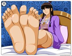 1girls bangs barefoot bed big_feet black_eyes black_hair capcom feet female female_only foot_fetish gyakuten_saiban looking_at_viewer maya_fey pov_feet presenting_feet smile soles solo tenzen toes