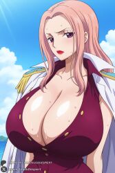 1female 1girls 2026 ai_generated artist_name big_ass big_breasts blue_sky blush breasts cleavage cloud collarbone curvy day epaulettes female female_only hi_res high_quality high_resolution highres hina_(one_piece) huge_ass huge_breasts jacket jacket_on_shoulders lipstick long_hair looking_at_viewer makeup ocean one_piece outdoors patreon patreon_username pink_hair purple_eyes red_lips sky solo sweat unjobdespiert upper_body watermark