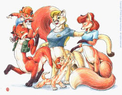 1990s 1998 20th_century animal_genitalia blaze_(goldfur) blonde_hair bottomless breasts canine chakat chakona_space clothed clothing dickgirl eudora_whitepaw eugene_arenhaus female fox fox_taur fully_sheathed fur garrek gloves_(marking) goldfur group hair intersex male malena mammal markings nude orange_fur red_fur red_hair sheath simple_background taur twintails white_background yellow_fur