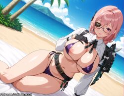 ai_generated areola_slip beach belt bikini black_gloves blue_sky blush breasts cleavage closed_mouth cloud day dutch_angle eyepatch female glasses gloves hand_on_own_chest hoyoverse large_breasts looking_at_viewer meitabuu micro_bikini navel nipples ocean outdoors pink_hair red_eyes side-tie_bikini_bottom sky smile solo swimsuit thighs tree tsukishiro_yanagi zenless_zone_zero