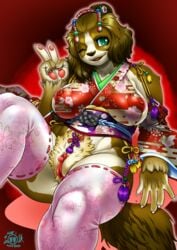 2018 anthro bottomless breasts canine clitoris clothed clothing erect_clitoris female fur gesture hair japanese_clothing kimono kuro-gane legwear looking_at_viewer mammal nipple_slip nipples one_eye_closed pubes pussy smile solo stockings thigh_highs v wink