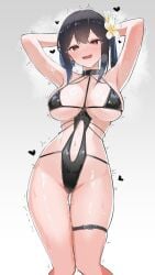 absurdres armpits arms_behind_head arms_up azur_lane bare_arms bare_shoulders belt belt_buckle black_belt black_hair black_one-piece_swimsuit blue_hair blush breasts breasts_apart buckle casual_one-piece_swimsuit chen_hai_(azur_lane) commentary_request commission cosplay drooling earrings feet_out_of_frame female flower gradient_background grey_background groin hair_flower hair_ornament halterneck heart heart-shaped_pupils highres jewelry knees_together_feet_apart large_breasts looking_at_viewer medium_hair mogador_(azur_lane) mogador_(azur_lane)_(cosplay) mogador_(locker_room_lechery)_(azur_lane) mouth_drool multicolored_hair navel nisokurui nose_blush one-piece_swimsuit pixiv_commission pussy_juice pussy_juice_drip_through_clothes raised_eyebrows red_eyes solo standing steaming_body stomach sweat swimsuit symbol-shaped_pupils thigh_belt thigh_gap thigh_strap trembling twitter_username two-tone_hair white_flower yellow_flower
