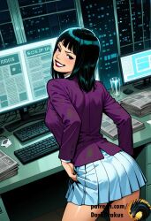 ai_generated ass back_view blazer computer dark.drakus dc_comics desk eye_contact lifting_skirt lois_lane lois_lane_(dcau) miniskirt night office smile superman:_the_animated_series teasing