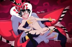 2boys antennae_(anatomy) before_sex blush claws demon elimin4tion first_time first_time_(anal_sex) hand_holding hazbin_hotel hazbin_hotel_(season_2) hemipenes holding_legs human human_vox_(hazbin_hotel) long_tongue mostly_nude moth_wings naked neck_fluff nervous nervous_expression nervous_sweat nosoidum precum precum_bubble precum_drip precum_on_penis precum_string saliva saliva_string smoke smoke_from_mouth smug smug_grin tongue tongue_out two_penises valentino_(hazbin_hotel) vincent_whittman_(hazbin_hotel) vox_(hazbin_hotel) wings