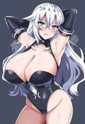 armpits arms_up big_breasts black_heart blue_eyes blush bodysuit breasts goddess huge_breasts light_skin looking_at_viewer neptunia_(series) noire presenting shiny_skin solo steam stiris_rangetsu white_hair
